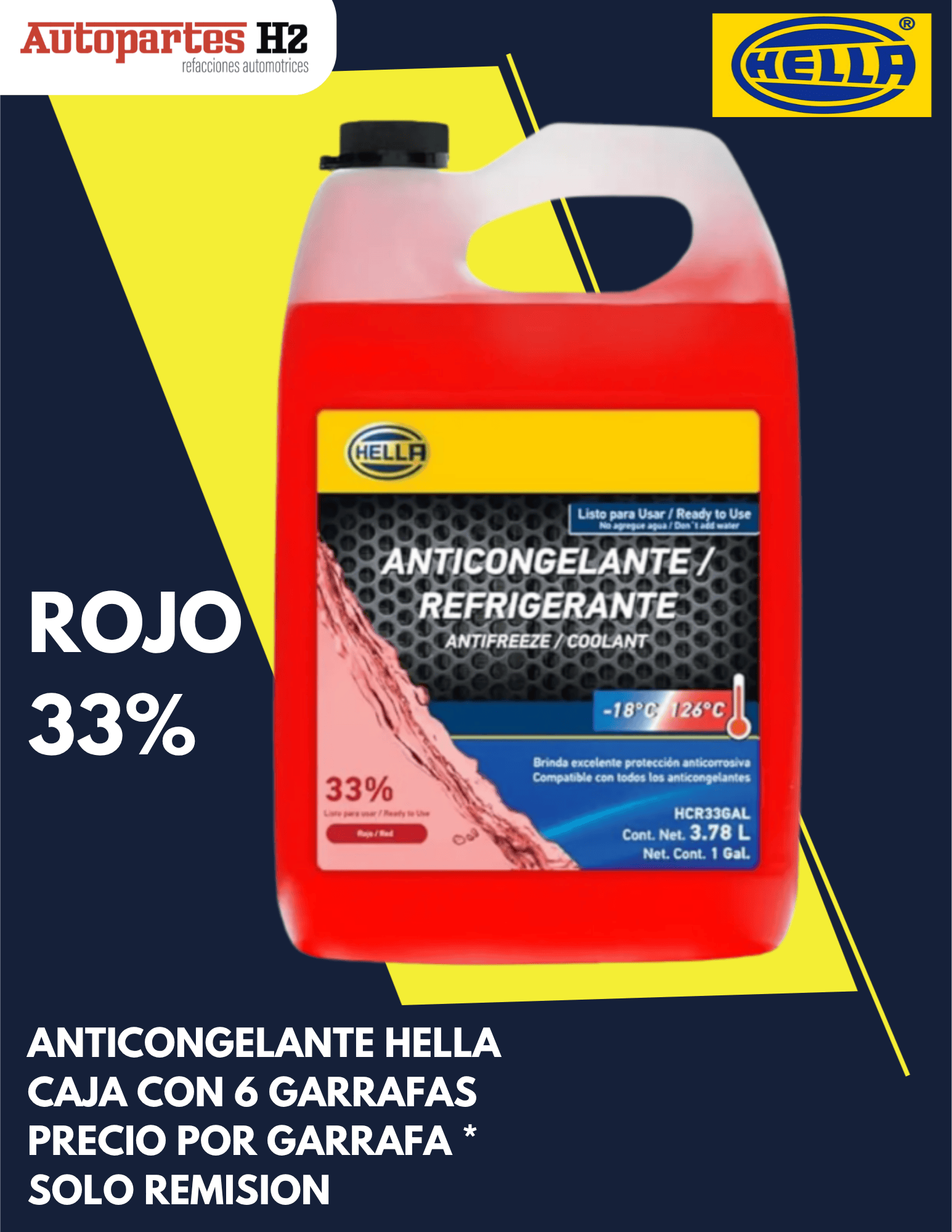 ANTICONGELANTE HELLA ROJO AL 33% 3.78L GARRAFA